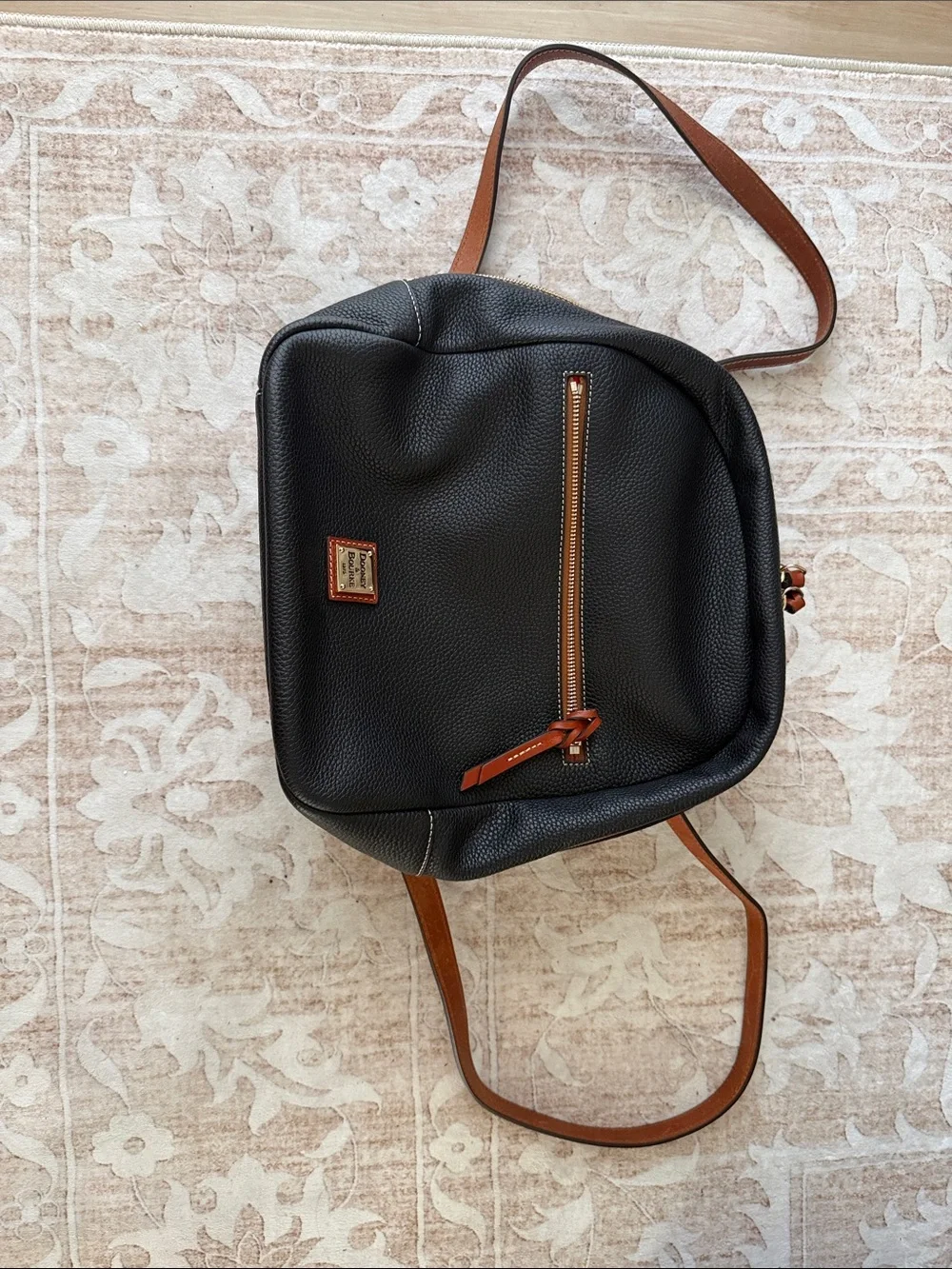 Dooney & Bourke Black Pebbled Leather Shoulder Bag with Brown Trim